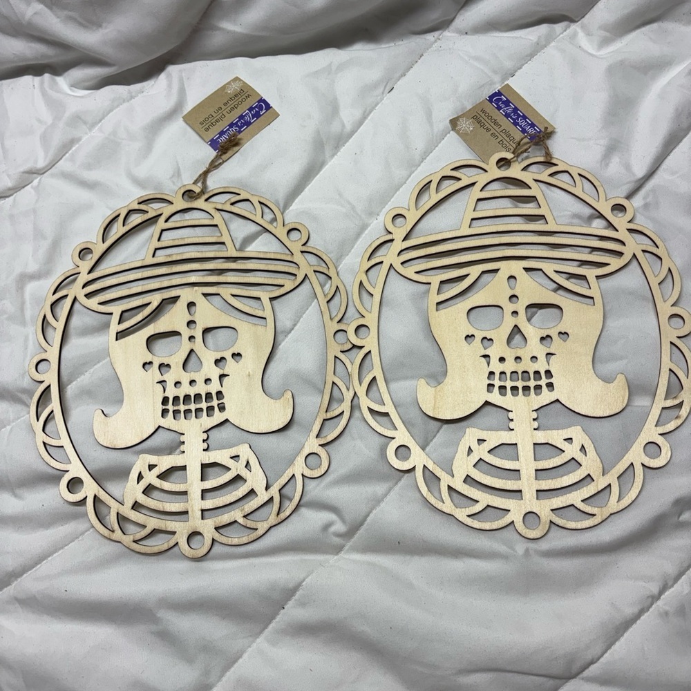 2 Skeleton Wooden Plaque Wall Art Decor- to paint or decorate craft. Halloween
